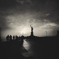 Fototapeta premium Silhouetted statue at sunset with people walking on a path.