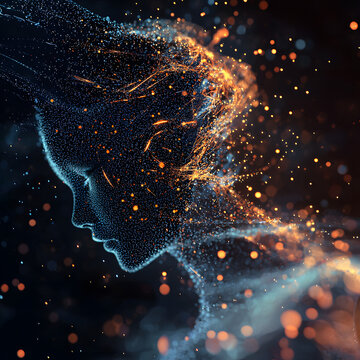 Digital particles resembling those created by Trapcode Form or Trapcode Particular, forming an abstract, dynamic visual display with a female structure, set against a black background.

