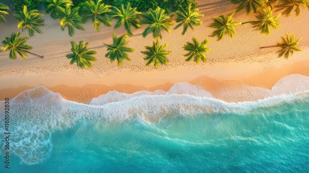 Poster aerial view of tropical beach with palm trees and ocean waves.