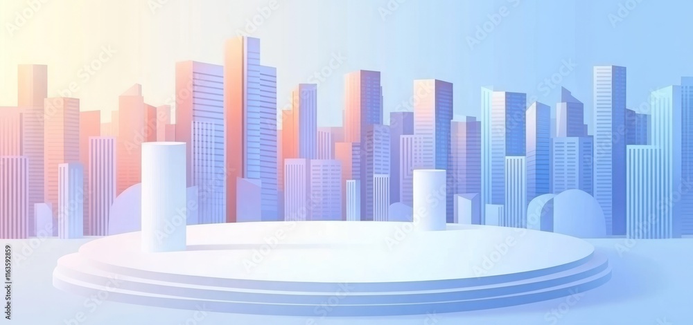 Poster minimalist city skyline backdrop with a circular platform.