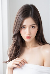 Young Female Model - Beautiful Woman with Perfect Features - Perfect Smooth Skin and Dark Brown Long Hair - Brown Eyes and Plump Lips - White Top - Fashion, Cosmetics, Profile Portrait