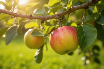 Fresh Red Apples Hanging from a Branch in Sunlit Orchard