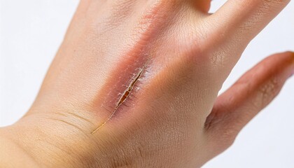 Fototapeta premium macro shot of a jagged scar from a glass laceration on the back of the hand, displaying healing process and precise texture in isolated white background 