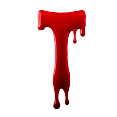 Letter T made of blood. A glossy red letter with a smooth, reflective surface. The letter appears to be floating against a white background, with a slight drooping effect.