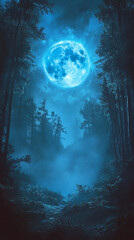 Fototapeta premium A vibrant blue moon illuminating a dense foggy forest