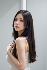 Fototapeta premium Young Female Model - Beautiful Woman with Perfect Features - Perfect Smooth Skin and Dark Brown Long Hair - Brown Eyes and Plump Lips - White Top - Fashion, Cosmetics, Profile Portrait