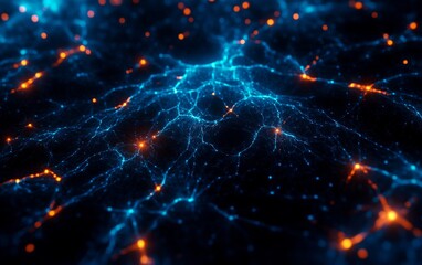 Obraz premium A stunning digital representation of interconnected networks showcasing vibrant blue and orange lights against a dark background.