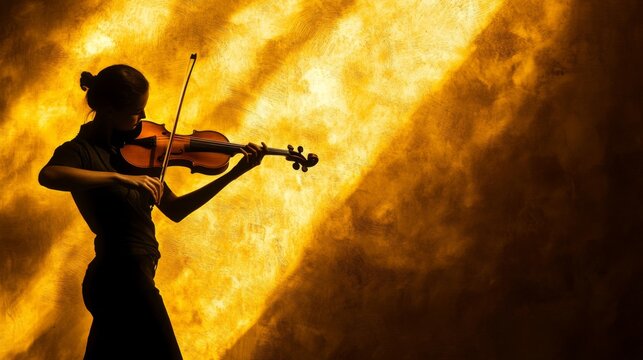 Silhouetted violinist playing against fiery orange background.