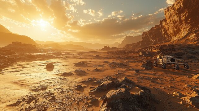 AI-guided rovers autonomously exploring Martian terrain and analyzing geological features.