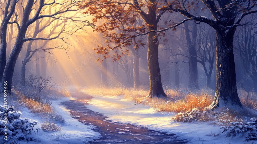 Poster Sun rays illuminate a snowy path winding through a tranquil winter forest.