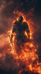 Naklejka premium A warrior surrounded by roaring flames, glowing within