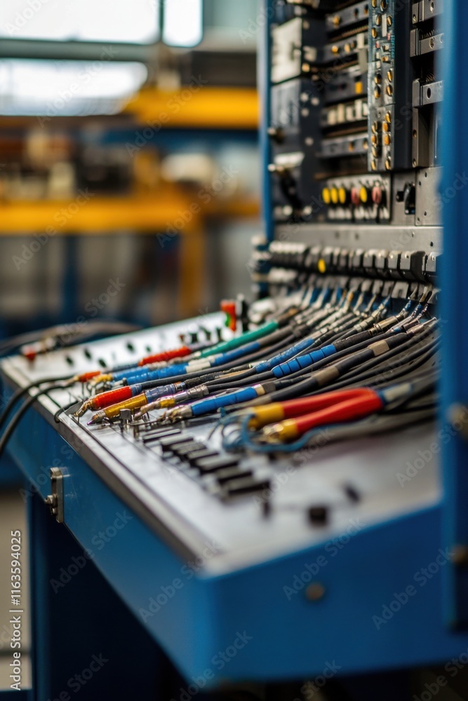 Poster close-up view of industrial control panel with numerous cables and connectors in a factory setting