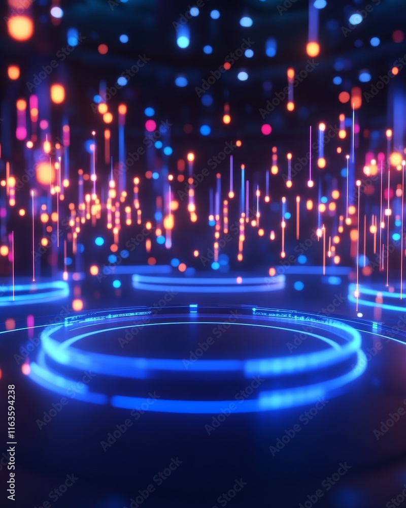 Poster a vibrant abstract background featuring glowing lights and circles in various colors, perfect for di