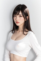 Young Female Model - Beautiful Woman with Perfect Features - Perfect Smooth Skin and Dark Brown Long Hair - Brown Eyes and Plump Lips - White Top - Fashion, Cosmetics, Profile Portrait