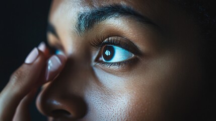 Close-up of a young Black woman adjusting her contact lens, showcasing her expressive eye detail and soft skin texture.