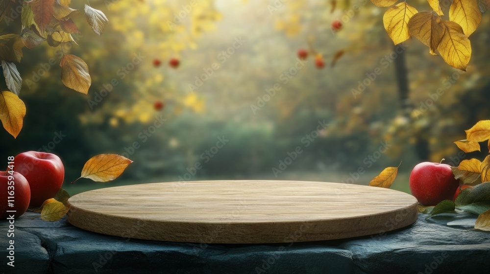 Poster Wooden round table in autumn park setting with red apples and falling leaves.