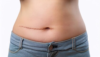 Naklejka premium close-up of a c-section surgical scar on the lower abdomen, showing detailed stitch marks and skin healing process in isolated white background 