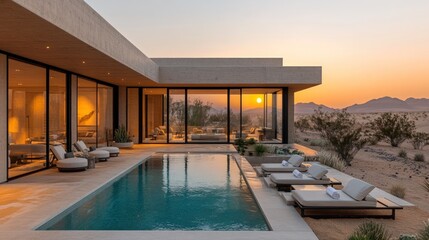 Fototapeta premium Modern desert house, sunset view, infinity pool.