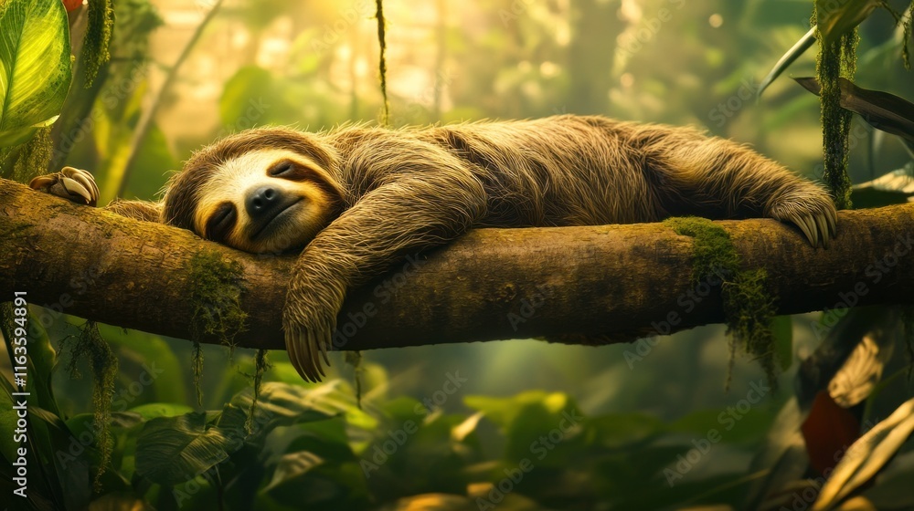 Poster a sloth sleeps peacefully on a mossy branch in a lush rainforest, sunlight filtering through the lea
