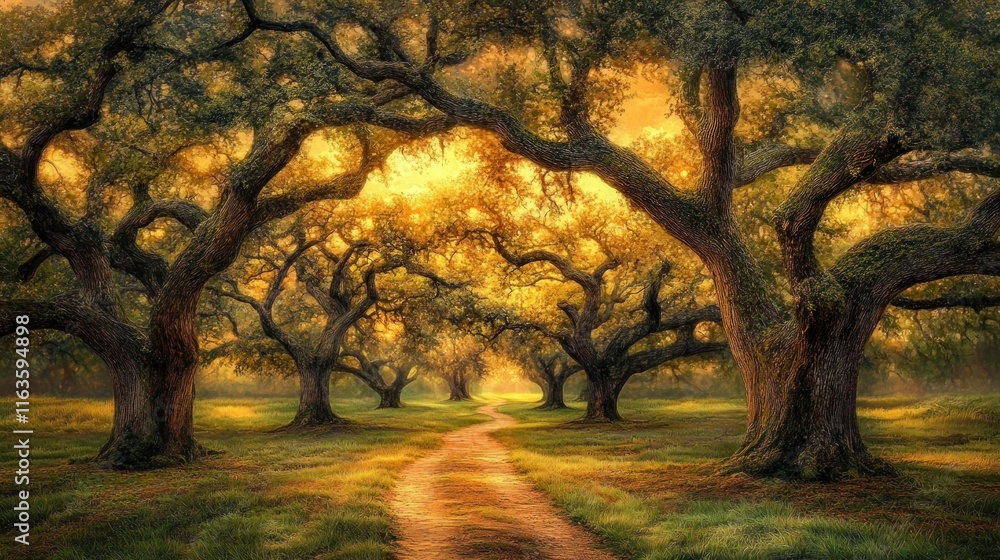 Poster sunlit path through majestic oak trees at golden hour.