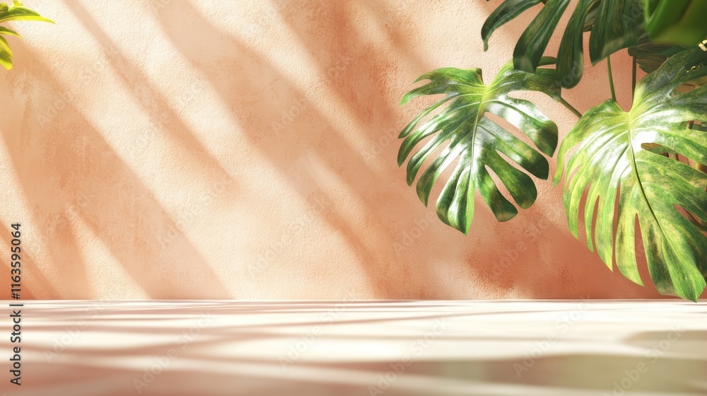 Poster sunlit peach wall with monstera leaves and empty floor space.