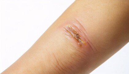 close-up of a scar on the arm caused by a fireworks accident, showcasing detailed healing process with uneven edges in isolated white background
