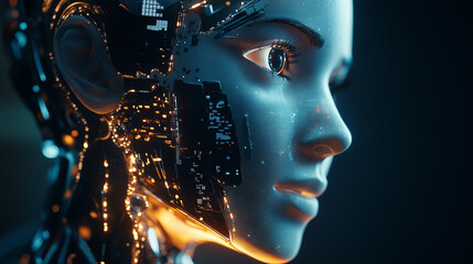 Futuristic humanoid robot with illuminated features against a dark background