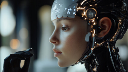 Close-up view of a futuristic android with intricate facial features in a modern setting