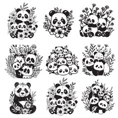 cute floral panda silhouette vector illustration set  