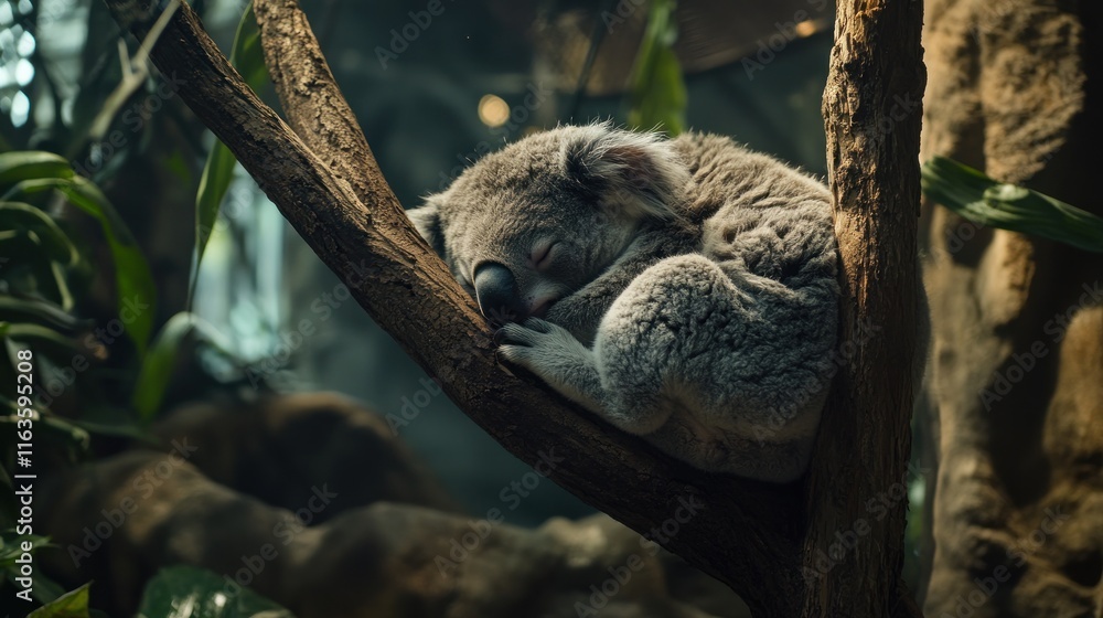 Poster a sleepy koala bear rests on a tree branch in its habitat.