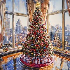 A Luxurious Christmas Tree in a High-Rise Apartment Overlooking a City Skyline.