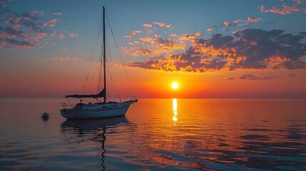 Sailboat at sunset, calm water, fiery sky.