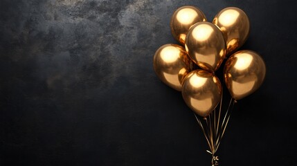 Elegant golden balloons floating gracefully against a dark textured backdrop for a festive celebration or special occasion