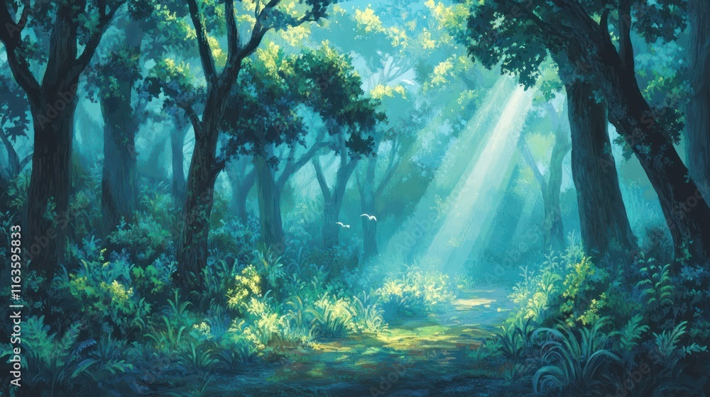 Poster sunbeams illuminate a path through a lush, green forest. (3)