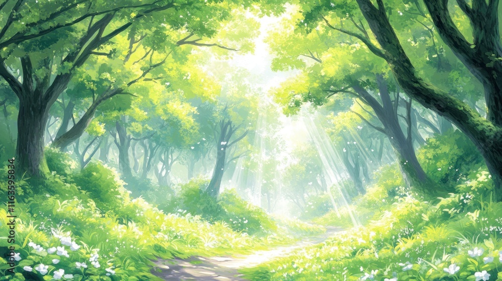 Poster sunbeams illuminate a path through a lush, green forest with wildflowers.