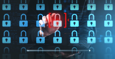 Cybersecurity concept with a red highlighted padlock among blue ones on a digital screen.