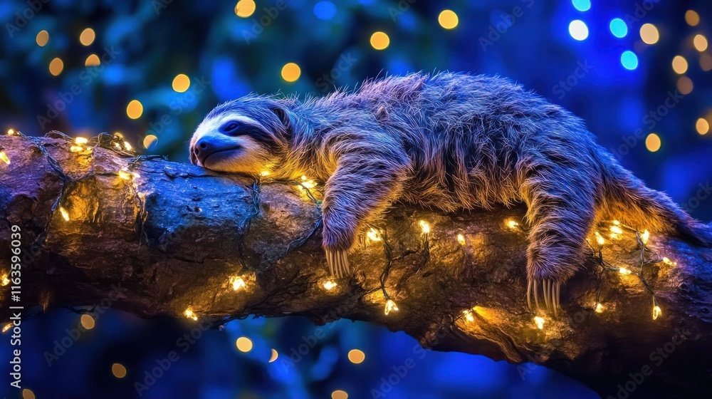 Poster a sloth sleeps soundly on a tree branch adorned with warm fairy lights against a dark blue bokeh bac