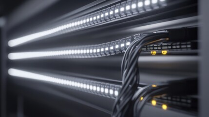 Close-up of illuminated server rack with cables.