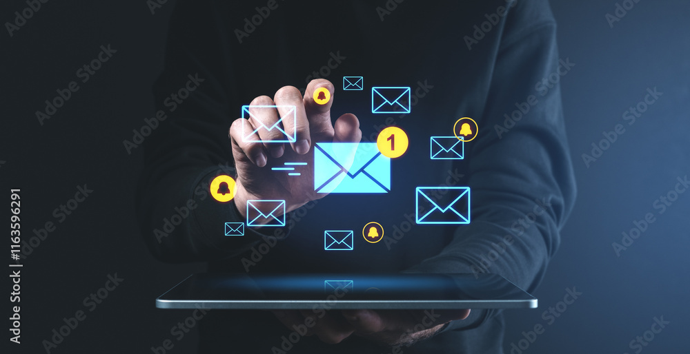 Aufkleber digital communication concept with glowing email icons and notifications on a dark background.