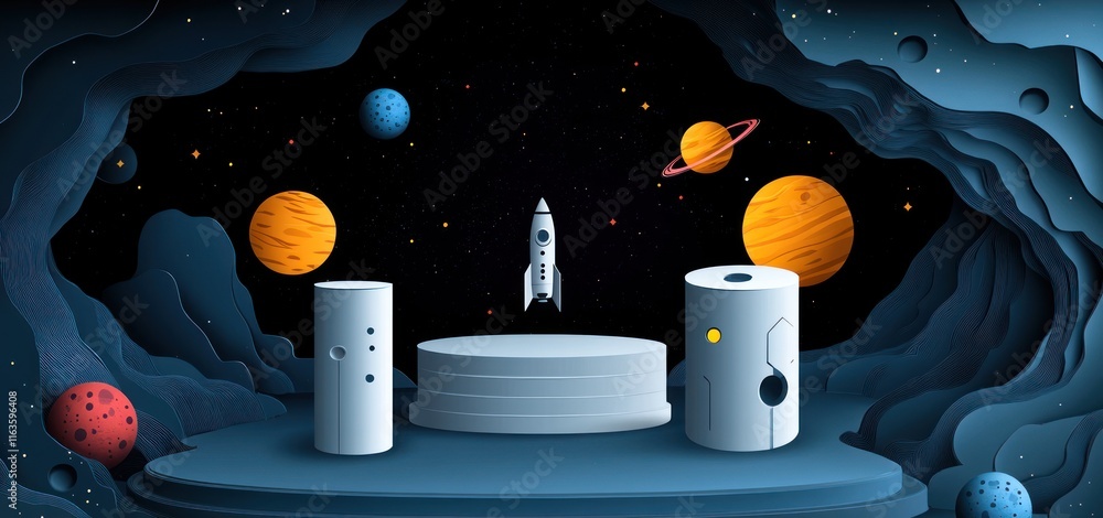 Poster Rocket launching from a cosmic cave with planets and a display platform.