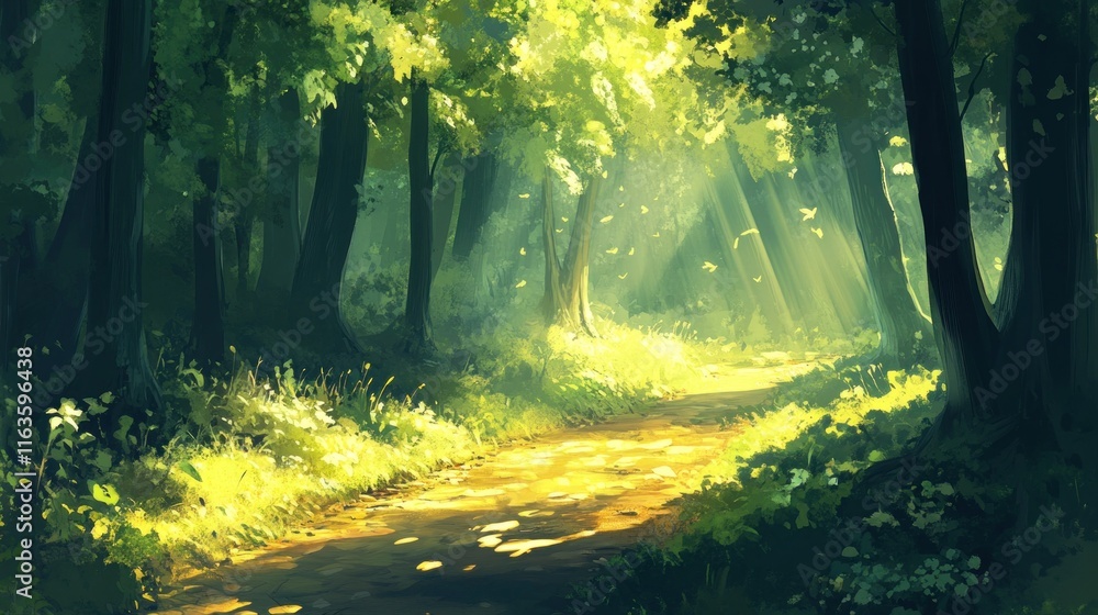 Poster sunbeams illuminate a path winding through a lush green forest.