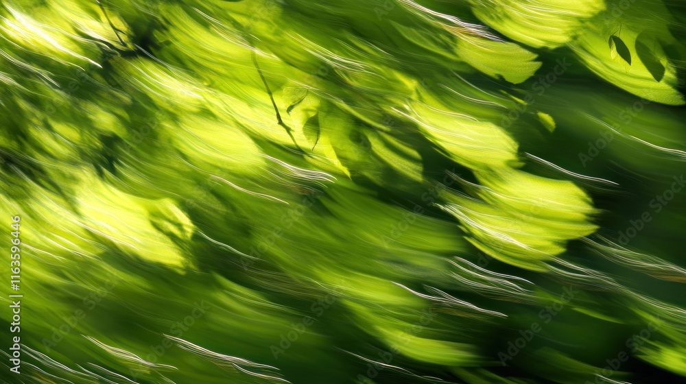 Poster Abstract image of blurred green leaves in motion, sunlight and shadows creating dynamic textures.
