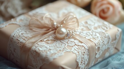 Elegant gift box adorned with lace and pearls, beautifully arranged with roses in soft lighting