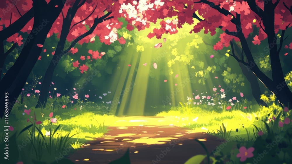 Poster sunbeams illuminate a path through a vibrant, flowering forest.