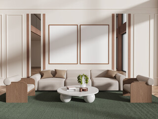Blank poster mockup in a modern living room with beige furniture and green carpet on a bright wall. 3D Rendering