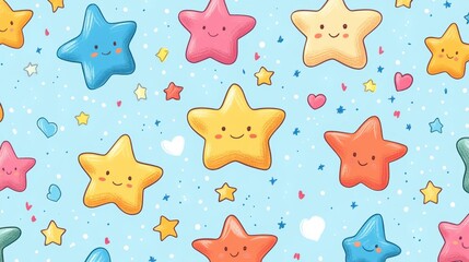 Colorful star pattern with smiling faces brightens a playful background of pastel hues and whimsical shapes