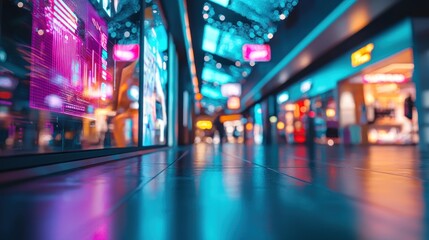 Obraz premium Neon Lights Reflecting on the Sleek Floor of a Modern Shopping Mall at Night