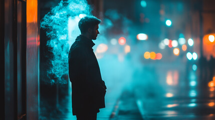 Man stands alone on a foggy city street at night with glowing lights around