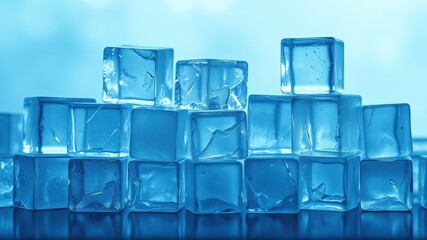 Obraz premium A Stack of Sparkling Blue Ice Cubes Glistening Under a Bright Light