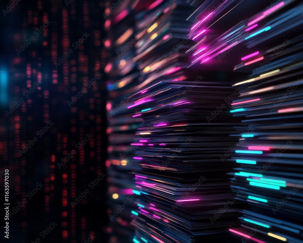 Poster abstract digital background featuring vibrant lights and stacked layers, representing data flow and 